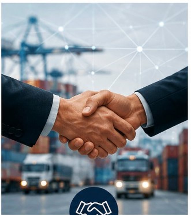 Handen schudden voor containerterminal en vrachtwagens